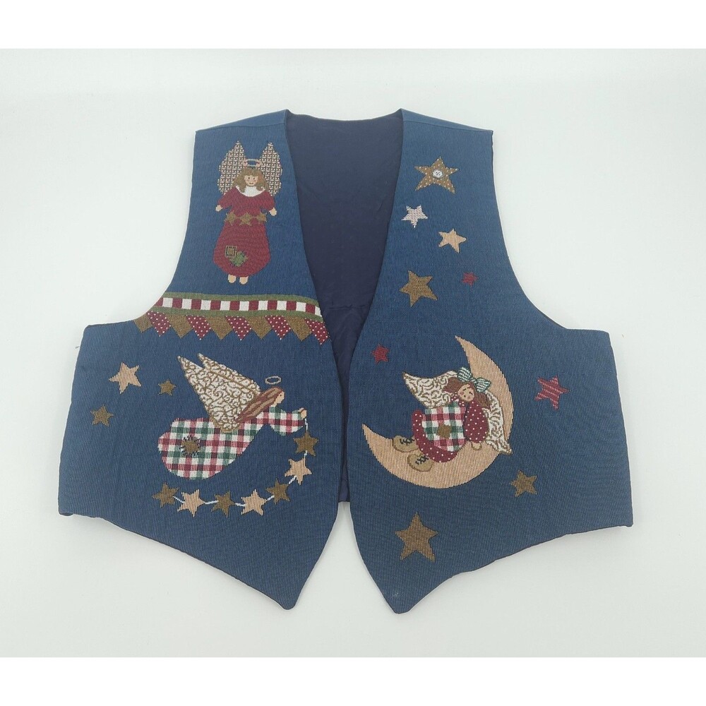 90s Folk Art Whimsical Angel Crescent Moon Open Front Patchwork Tapestry Vest